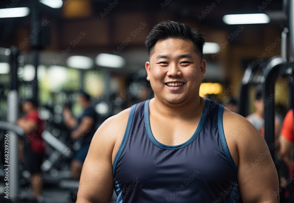 Fat asian man wearing gym costume, healthy live, gym tools on the background