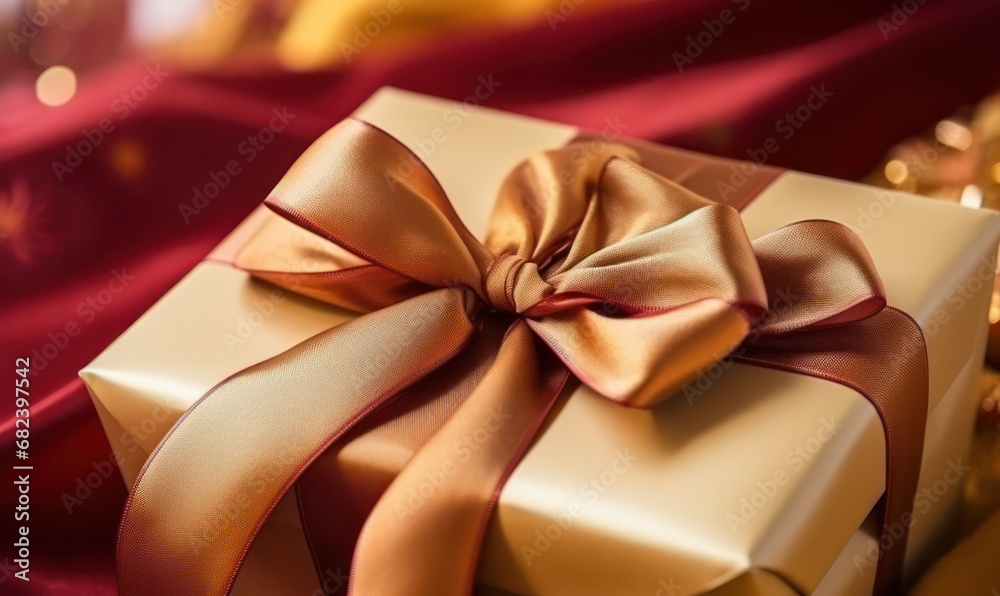 Festive Surprise, New Year's Gift with Ribbon and Bow - Unwrapping Moments of Happiness. Festive Surprise, New Year's Gift with Ribbon and Bow - Unwrapping Moments of Happiness.