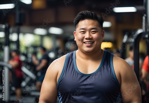 Fat asian man wearing gym costume  healthy live  gym tools on the background