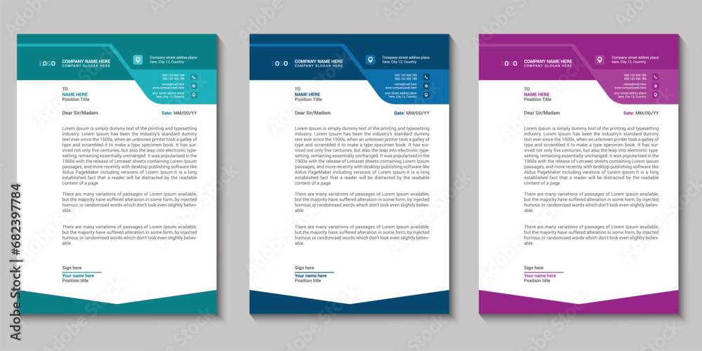 Modern Company business letterhead template with various colors, Letterhead template in flat style