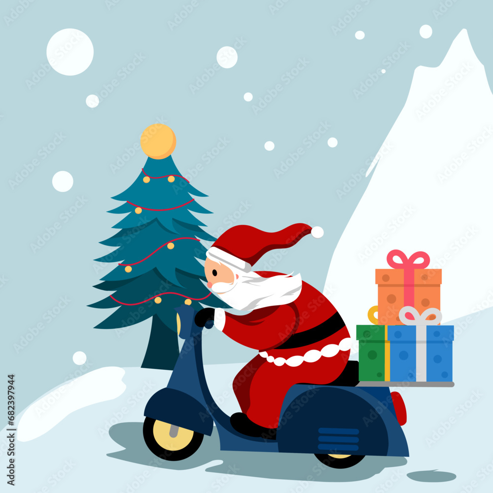Fototapeta premium Santa Claus delivering Christmas gifts on a scooter.Isolated elements easy to use. New Year and holiday design. Vector illustration.