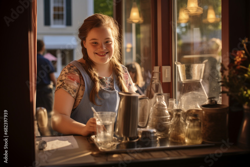 Jeune femme trisomique serveuse dans un café ou restaurant de ville photo