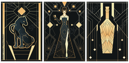 illustrations of art deco style in black and gold colours	