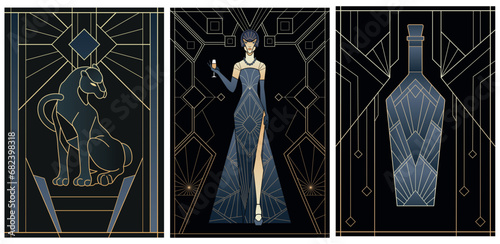 illustrations of art deco style in black and gold colours	 photo