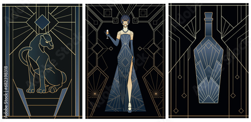 illustrations of art deco style in black and gold colours	