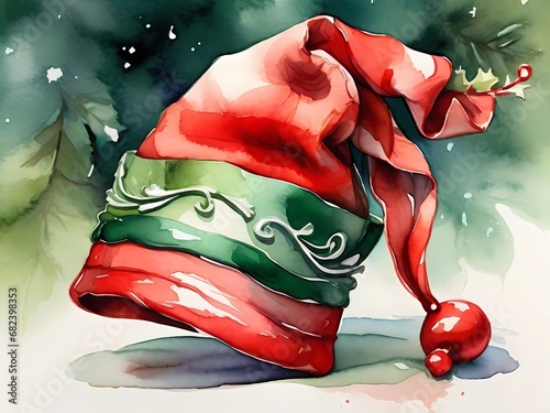 Watercolor Christmas hat Illustration. This image is perfect for christmas cards or invitations. A winter holiday hat in watercolor art with red and green colors

