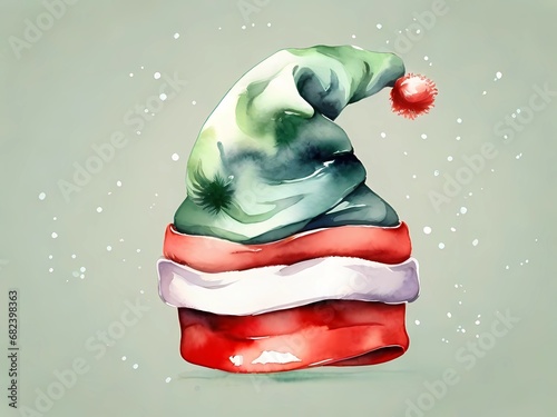 Watercolor Christmas hat Illustration. This image is perfect for christmas cards or invitations. A winter holiday hat in watercolor art with red and green colors

