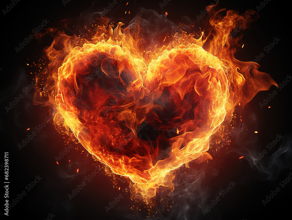 Fototapeta premium Beautiful heart made of fiery lava, Flame symbol of love, An unusual gift. Generative Ai