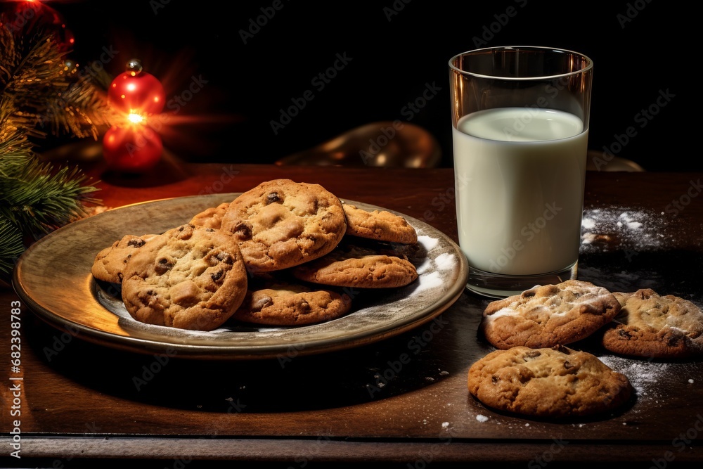 traditional christmas milk in glass, jug with cookies on Christmas lights background. A gift for Santa Claus. Waiting for a miracle