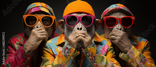 Hippie-Chimp: Farbenfrohe Schimpansen im angesagten Hippie-Look halten sich den Mund zu