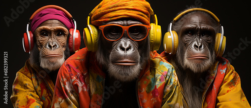 Schicke Schimpansen mit modischem Outfit und Kopfhörer photo