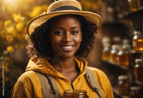 Black women wearing beekeeper costume and hat, bee and bottle of honey on the background photo