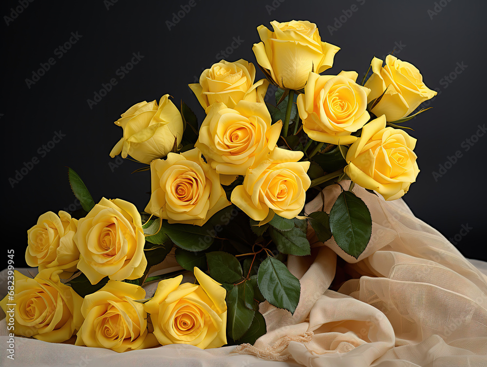 Roses made of yellow cloth arranged in bouquets in sackcloth. Generative Ai Roses made of yellow cloth arranged in bouquets in sackcloth. Generative Ai