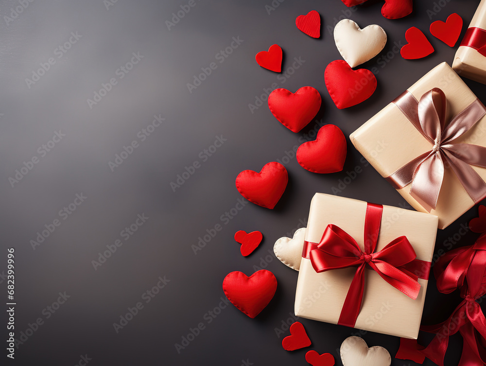 Top view colorful valentine background made of gift boxes and red textile hearts. Generative Ai Top view colorful valentine background made of gift boxes and red textile hearts. Generative Ai