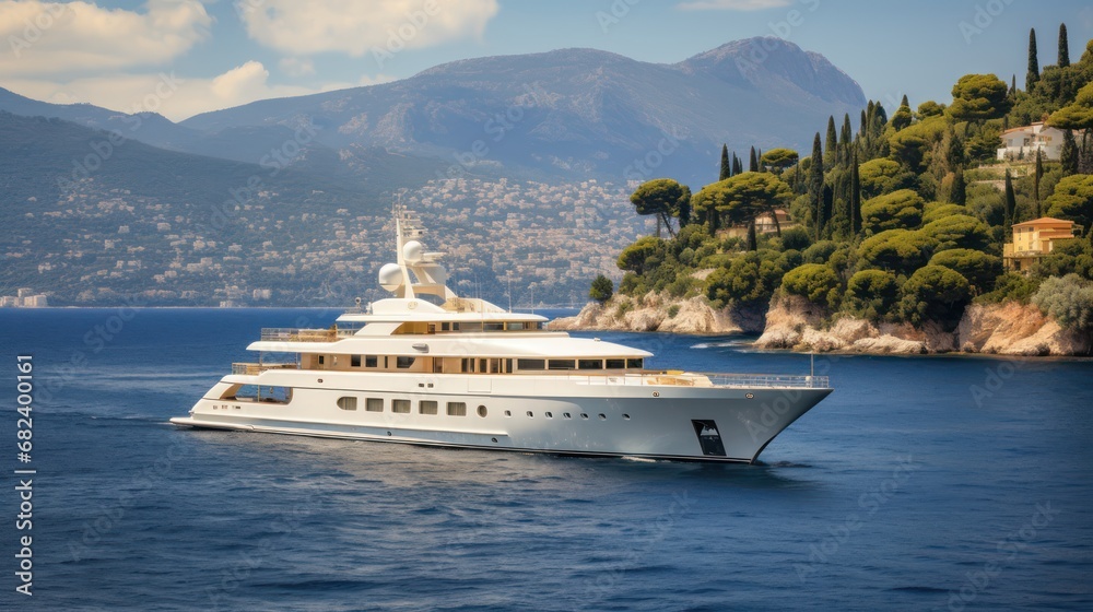 yacht on a sunny day against a background of mountains and greenery