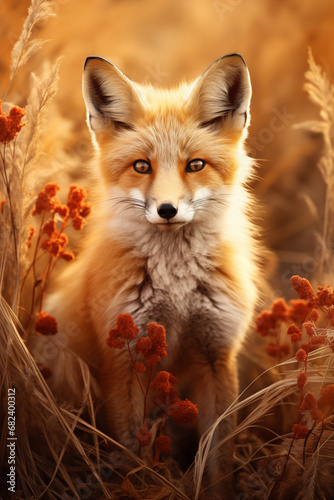A red fox sitting in grassy area with red flowers