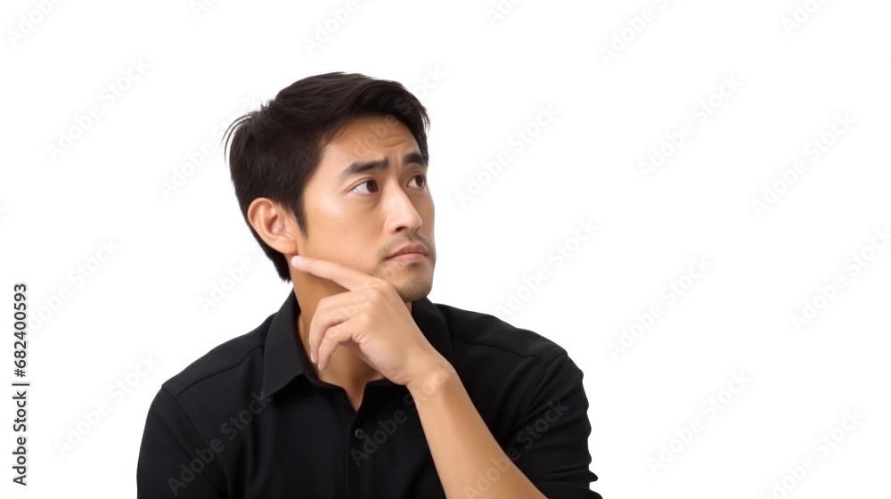 Close up of young intelligent Japanese man happy thinking and looking up on white background Close up of young intelligent Japanese man happy thinking and looking up on white background