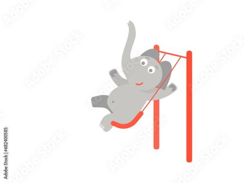 Funny elephant character swings on a swing.