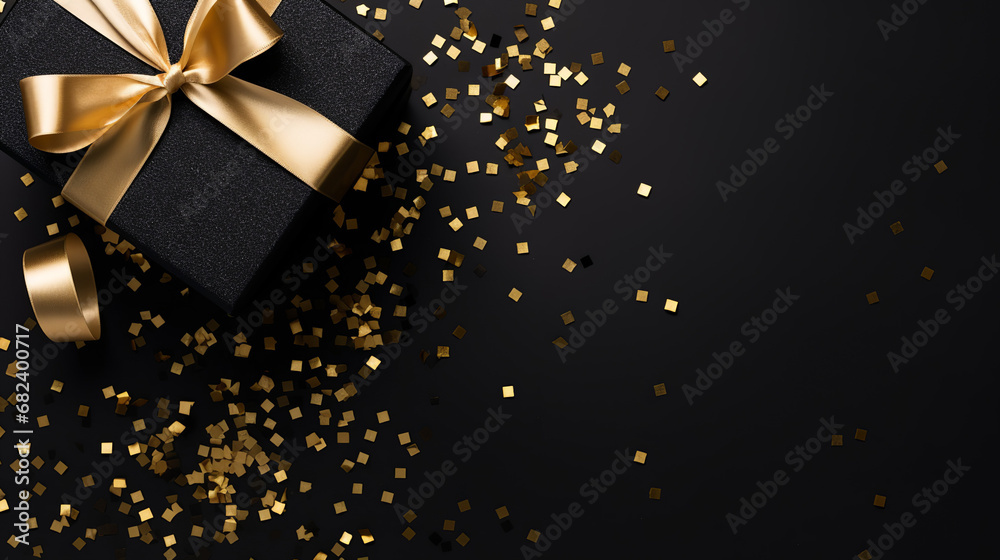 Elegant black gift boxes with golden ribbons and confetti on a dark background.