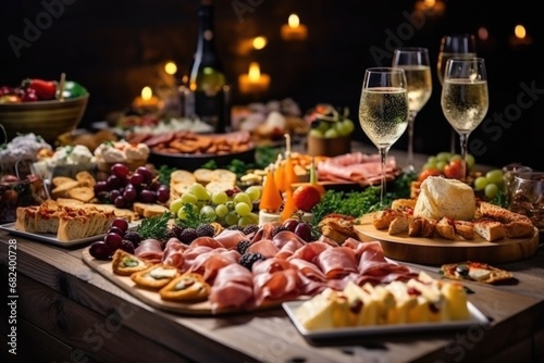 Light snacks in a plate on a buffet table. Assorted mini canapes, delicacies and snacks, restaurant food at event. A gala reception. Decorated delicious table for a party goodies.