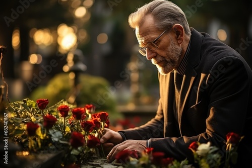 Elegant sad elderly man grieves at the grave of a loved person © Jam