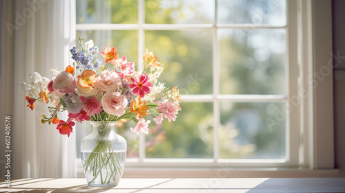 Sunlit Bouquet of Colorful Flowers by a Window © SMPTY