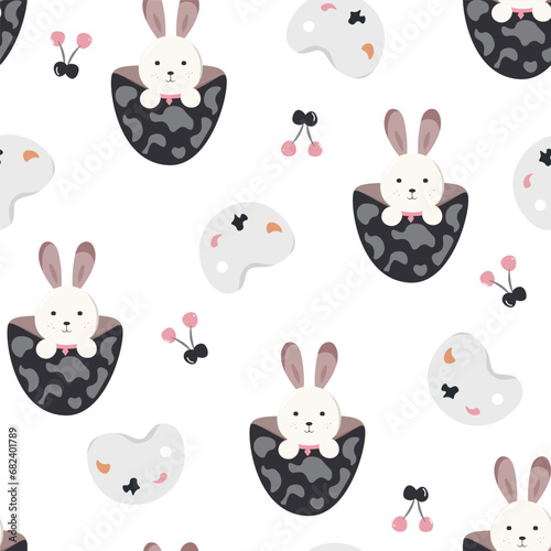 Vector seamless pattern with cute bunny cartoon animal background illustration 