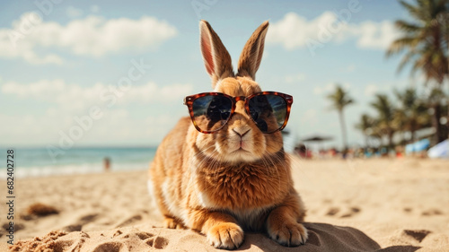 rabbit in sunglasses on the beach