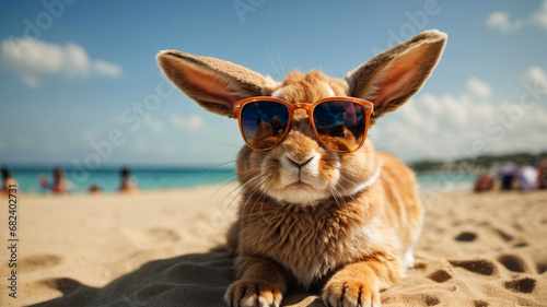 rabbit in sunglasses on the beach