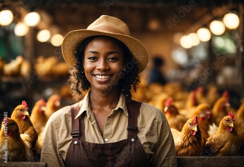 Beautiful black women chicken farmer wearing casual costume, ranch on the background photo