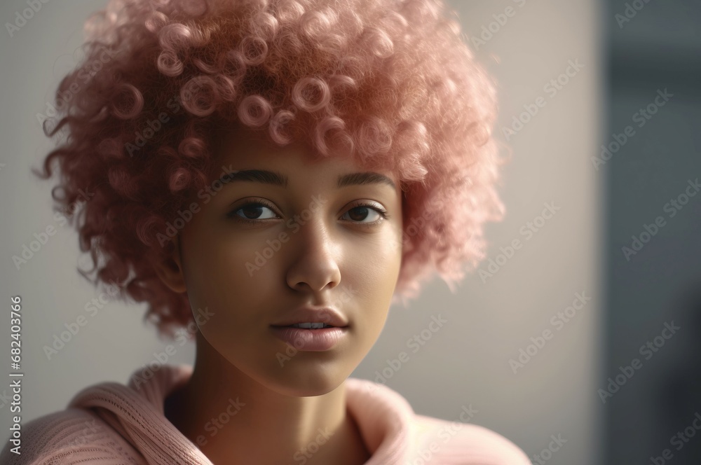 Girl curly pink hair. Cute fashion person portrait posing. Generate Ai