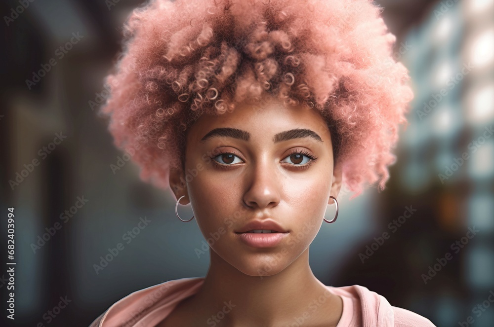 Girl curly pink hair adorable. Shine style luxury salon. Generate Ai Girl curly pink hair adorable. Shine style luxury salon. Generate Ai