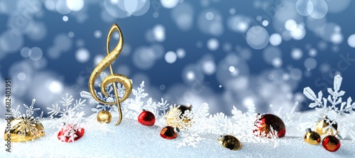 Photography Golden Treble Clef Christmas Baubles Snowflakes - 3D illustration