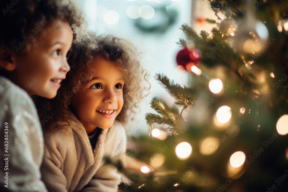 winter holidays and people concept - curly boy and girl looking admiringly at christmas tree lights at home winter holidays and people concept - curly boy and girl looking admiringly at christmas tree lights at home