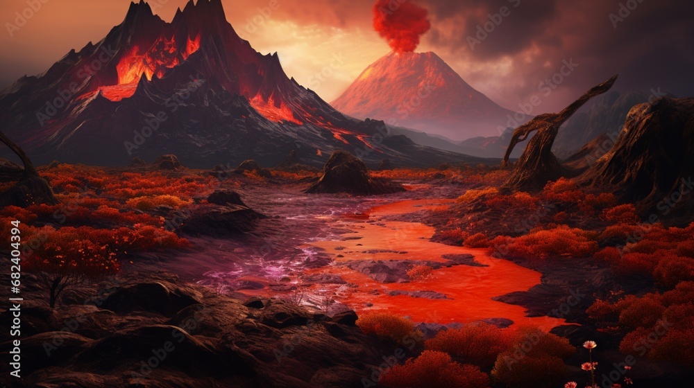 an AI masterpiece of a volcanic valley with a vibrant magma river flowing through it