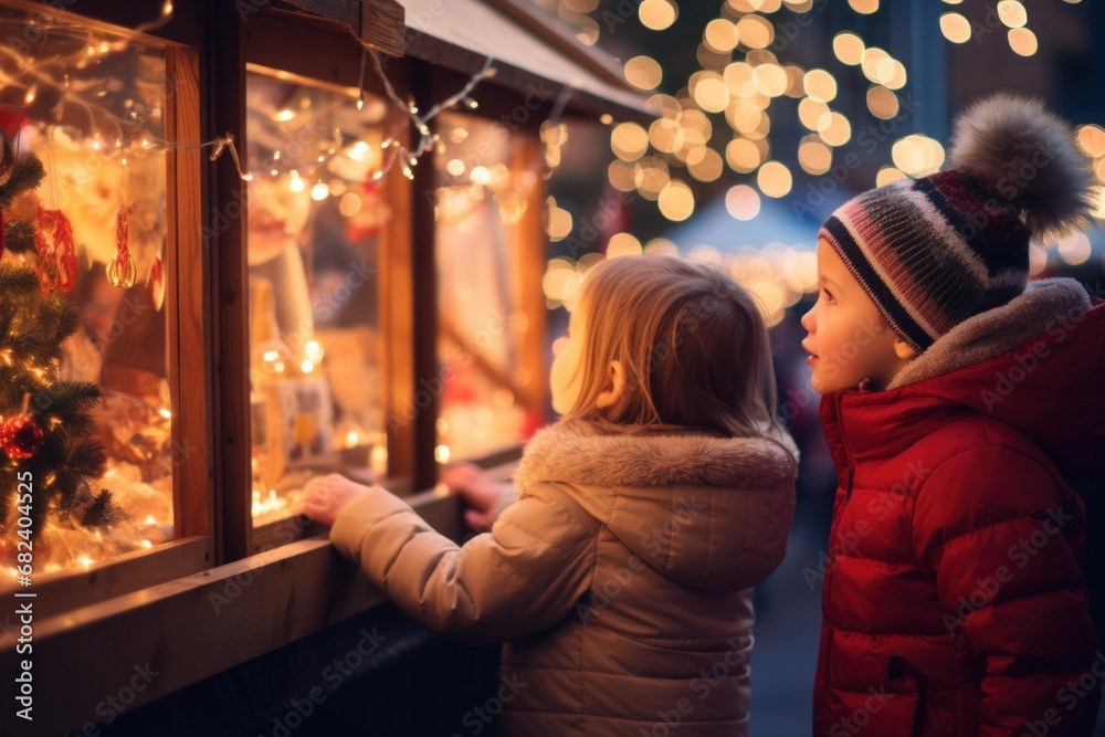 winter holidays and people concept - children look admiringly at the decorations of the Christmas market on the town hall square