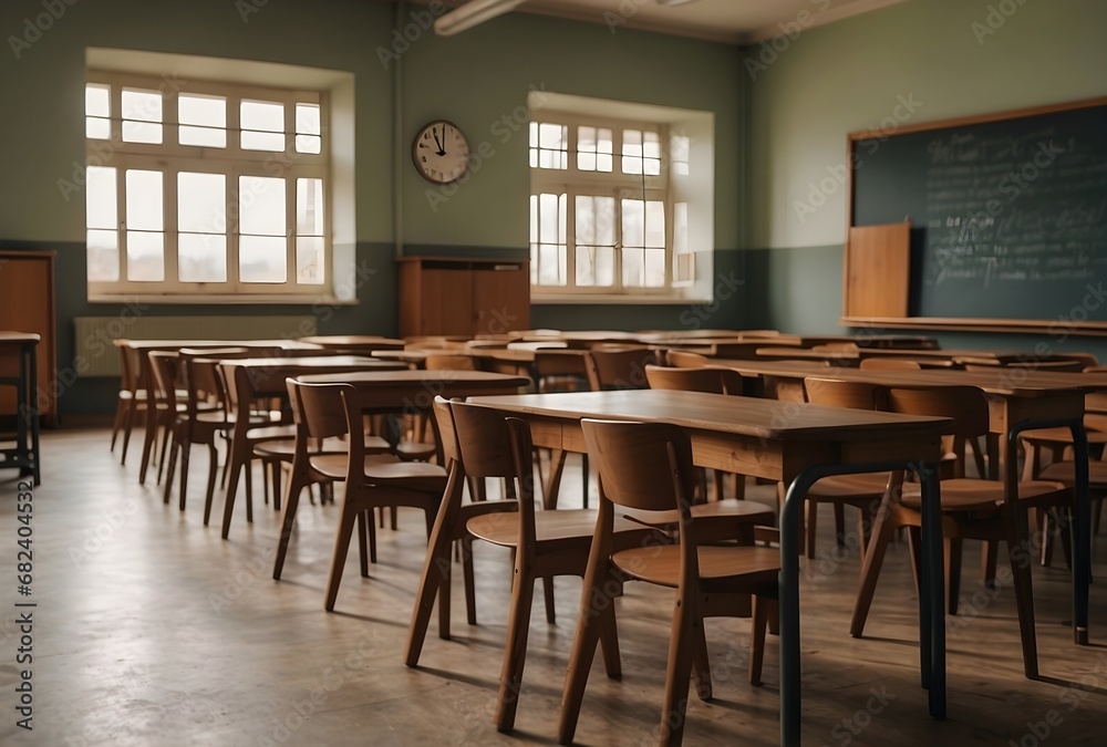 Empty classroom with vintage wooden lecture desks and chairs, back to school concept in high school, secondary education studying