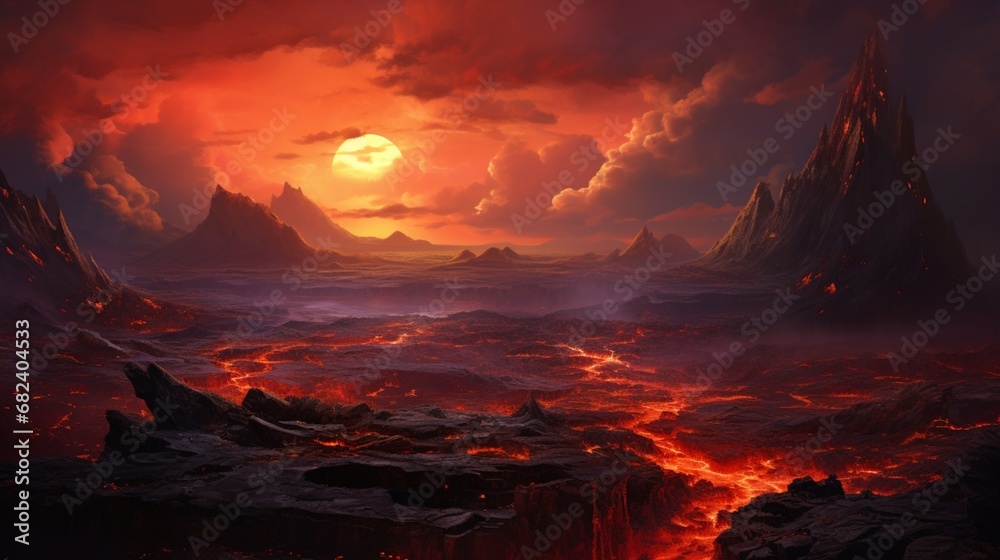 an AI masterpiece of a volcanic valley at sunrise, with the fiery hues of the sky mirroring the molten lava below