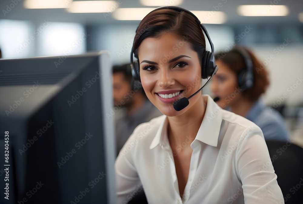 A diligent female call center agent, focused and dedicated, managing tasks on a computer at the central customer service hub. A diligent female call center agent, focused and dedicated, managing tasks on a computer at the central customer service hub.