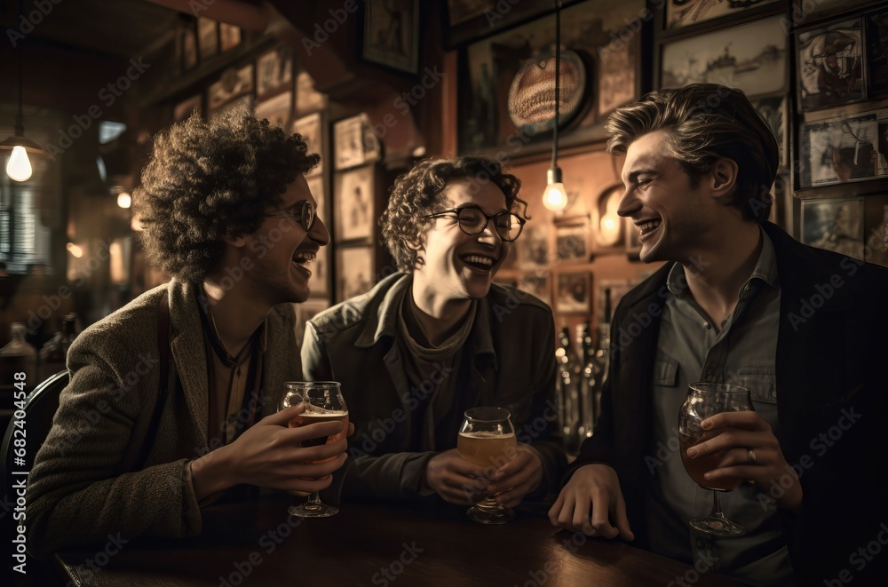 Group of friends laughing and drinking beer in the pub. People relaxing and having fun in bar. Generate ai