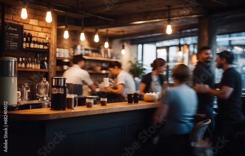Baristas crafting artisanal coffee as customers chat and enjoy their drinks in a bustling café showcasing fast movement of people photo