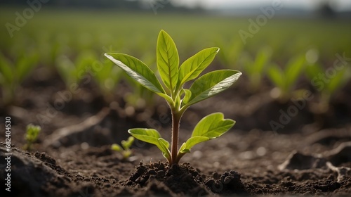 In the beautiful countryside a young plant can be seen growing in a field, nature, environmental and growth concept, blurry background