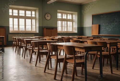 Empty classroom with vintage wooden lecture desks and chairs, back to school concept in high school, secondary education studying photo