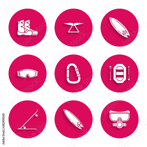 Set Carabiner, Surfboard, Diving mask, Rafting boat, Skateboard, Ski goggles, and Boots icon. Vector