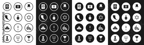 Set Orthodox jewish hat with sidelocks, Hanukkah dreidel, Traditional ram horn, shofar, Jewish torah book, Star David, Flag Israel, and coin and sweet bakery icon. Vector