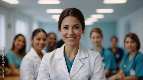Female woman doctor nurse portrait smiling cheerful confident standing front row in medical training facility photo