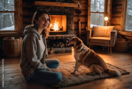 Young woman sitting by the fireplace with a cute dog at a cozy wooden cabin on a snowy winter © keiron