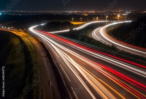 A long exposure photo of a highway at night, busy traffic captured by motion blur lighting effect
