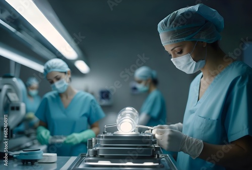 A team of female medical doctors conduct a scientific experiment in a modern medical clinic. medical technology, health care and disease treatment concept