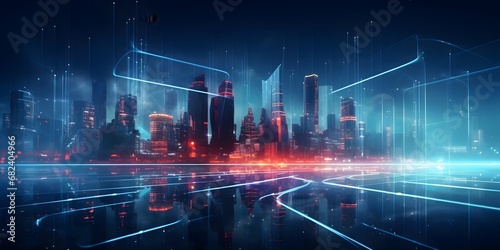 Abstract 3d city rendering with lines and digital elements. Skyscrappers with wireframe texture and random digits. Technology and connection concept. Perspective architecture background photo
